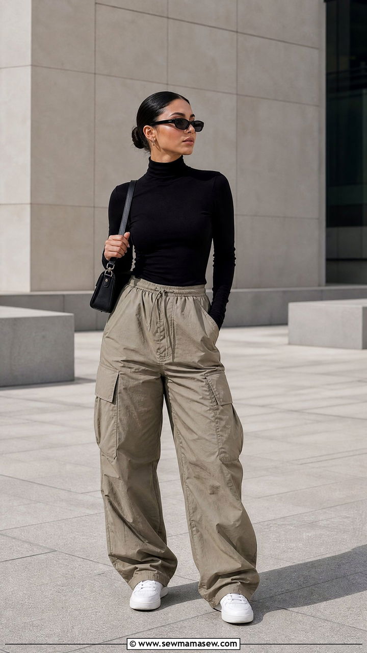 Oversized Cargo Pants With Fitted Turtleneck and Sneakers - 25 cargo pants outfits aesthetic