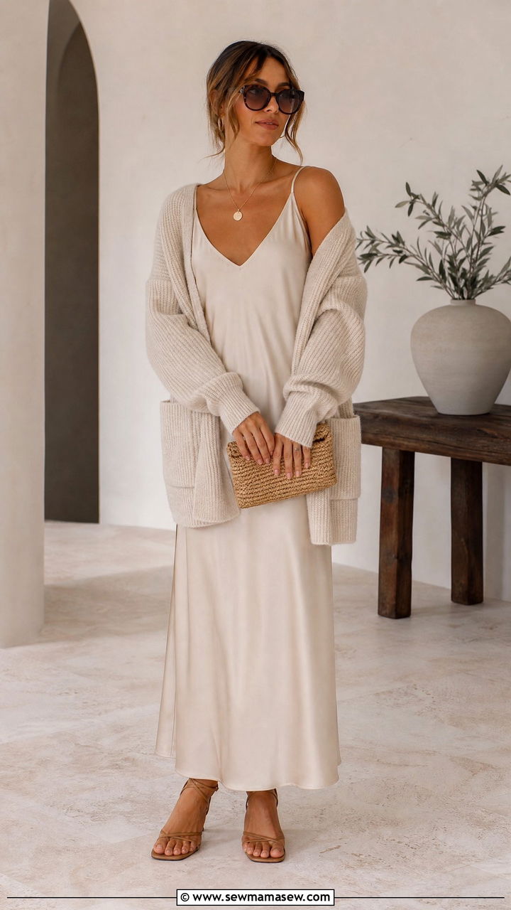 Oversized Cashmere Cardigan And Slip Dress Outfit - 30 Coastal grandmother spring outfits