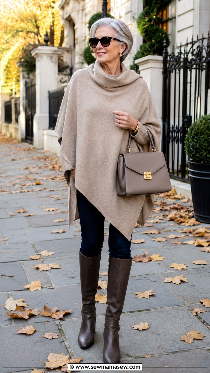 Oversized Cashmere Poncho with Slim Jeans - 25 Modest outfit ideas for women over 60