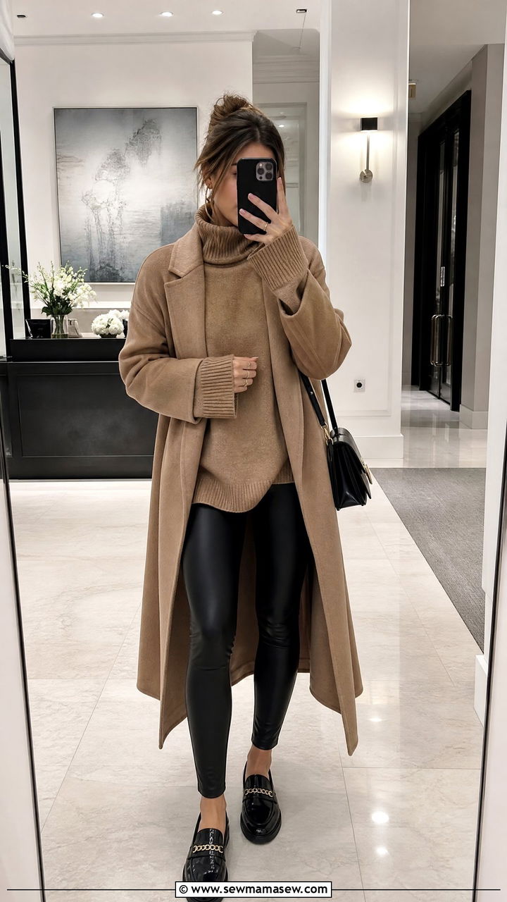 Oversized Cashmere Sweater With Leather Leggings And Loafers - 30 French girl outfit ideas with loafers