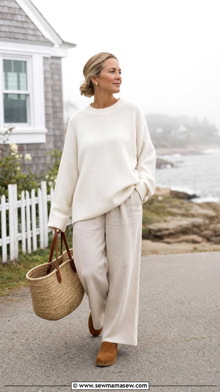 Oversized Cashmere Sweater With Wide Leg Linen Trousers - 25 coastal grandmother capsule wardrobe outfits