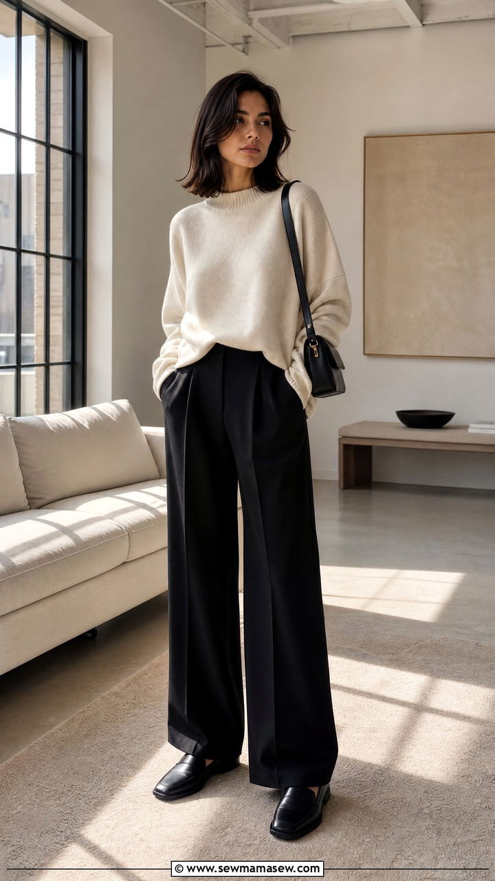 Oversized Cashmere Sweater With Wide Leg Wool Trousers - 25 Quiet luxury outfit ideas The Row style