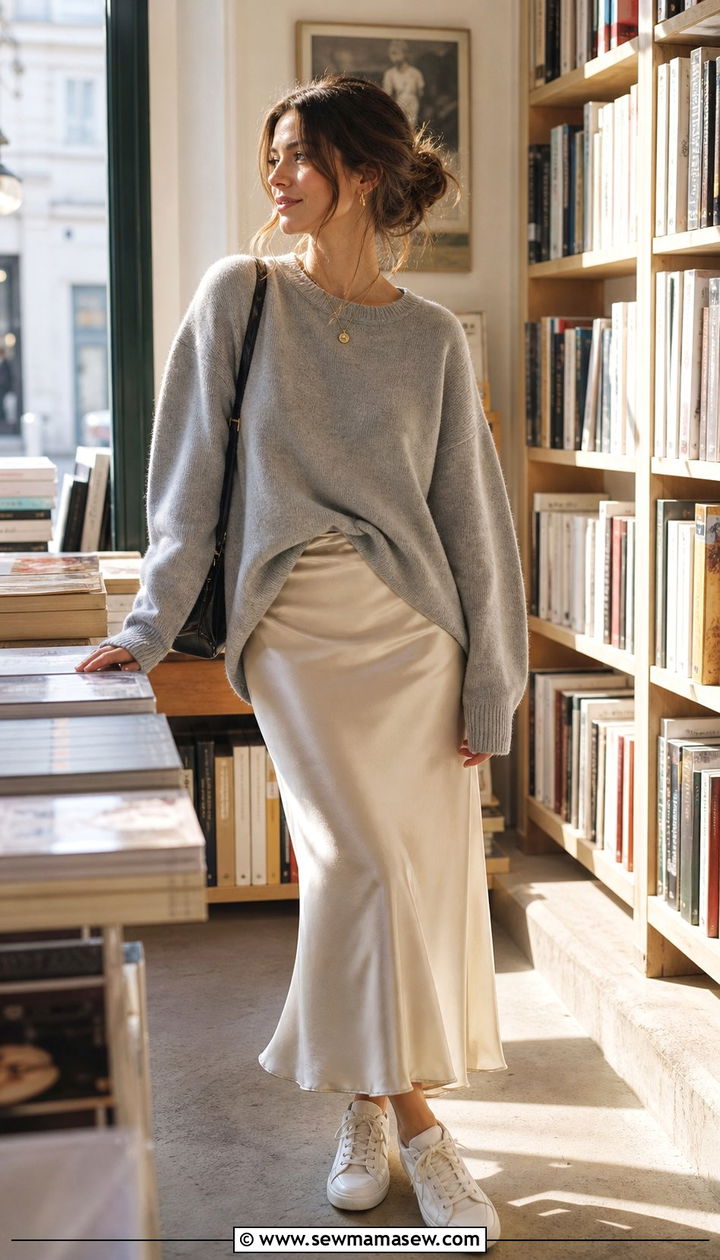 Oversized Cashmere Sweater with Midi Slip Skirt - 25 classy Paris outfits