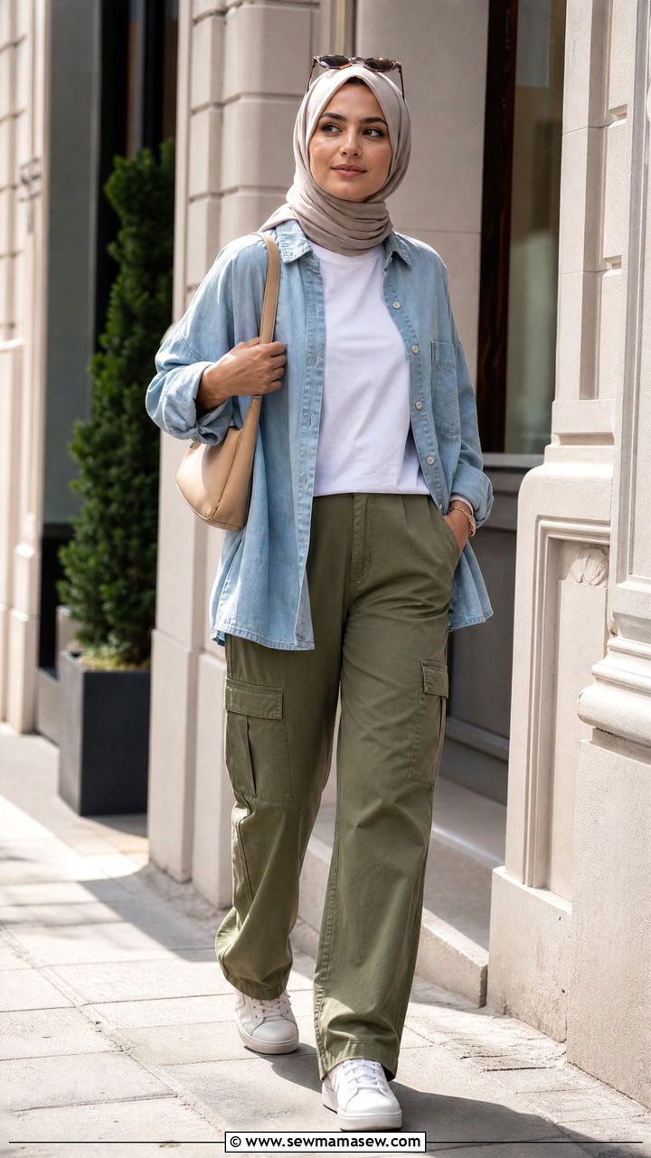 Oversized Chambray Shirt With Olive Cargo Pants - 30 Modest outfit ideas with oversized shirt