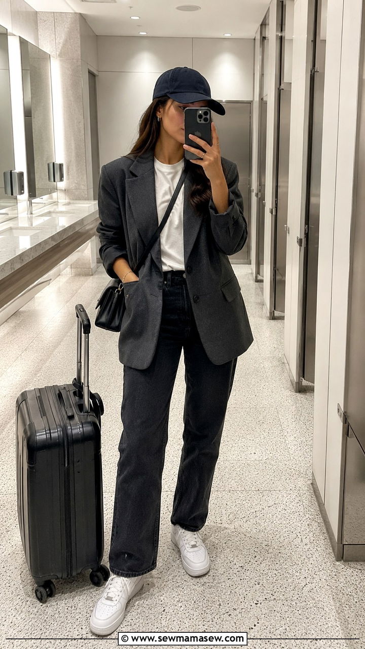 Oversized Charcoal Blazer With White Tee and Straight Leg Jeans - 30 Old money outfit ideas for airport