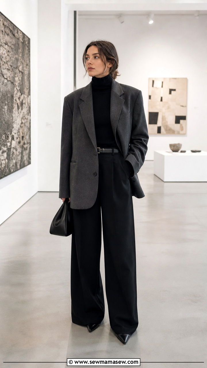 Oversized Charcoal Blazer with Fine Knit Turtleneck and Wide Leg Trousers - 40 Parisian outfit ideas