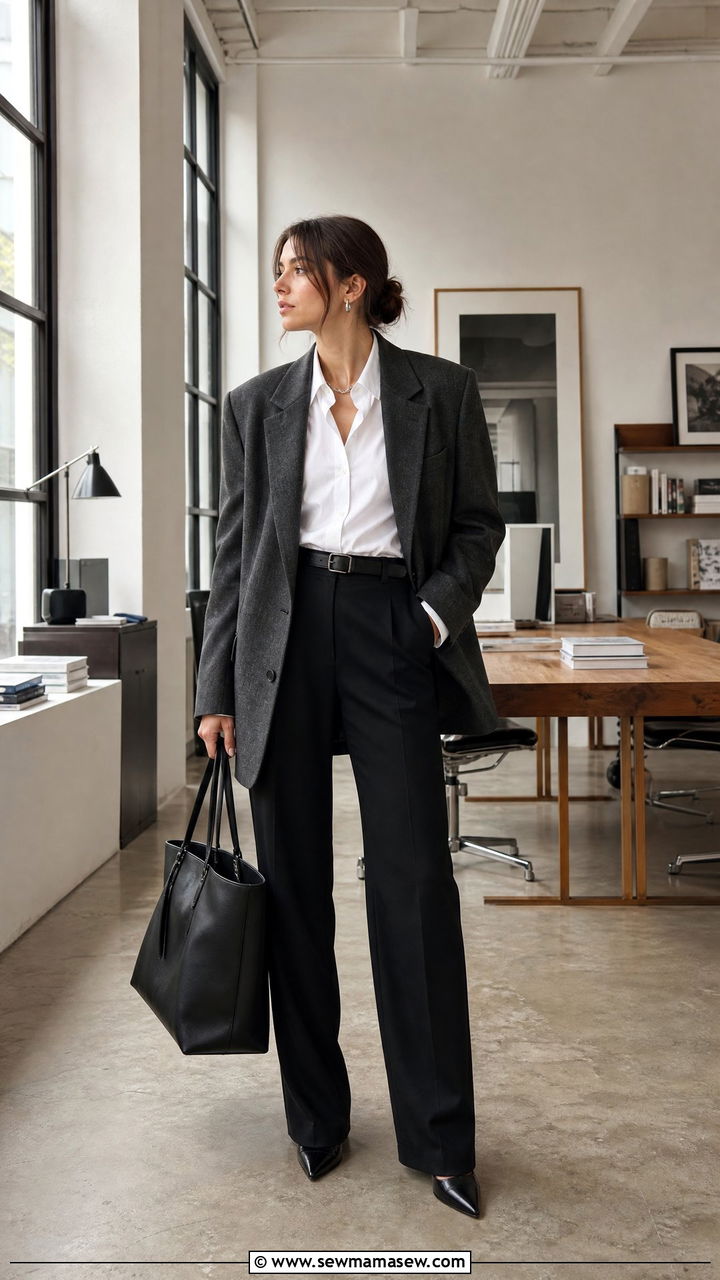 Oversized Charcoal Wool Blazer with White Shirt Outfit - 30 Old money outfit ideas for work