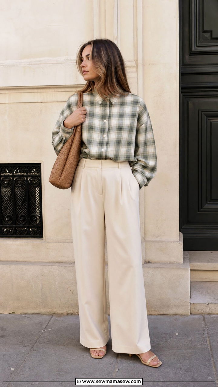 Oversized Checked Shirt With Wide Leg Trousers - 20 Zoe Kravitz spring outfit ideas