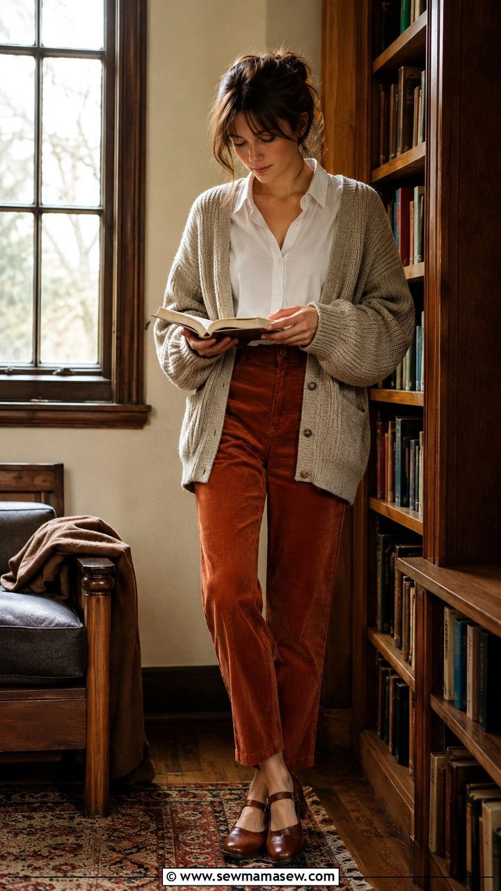 Oversized Chunky Cardigan With Collared Shirt And Corduroy Pants - 30 classy college outfits