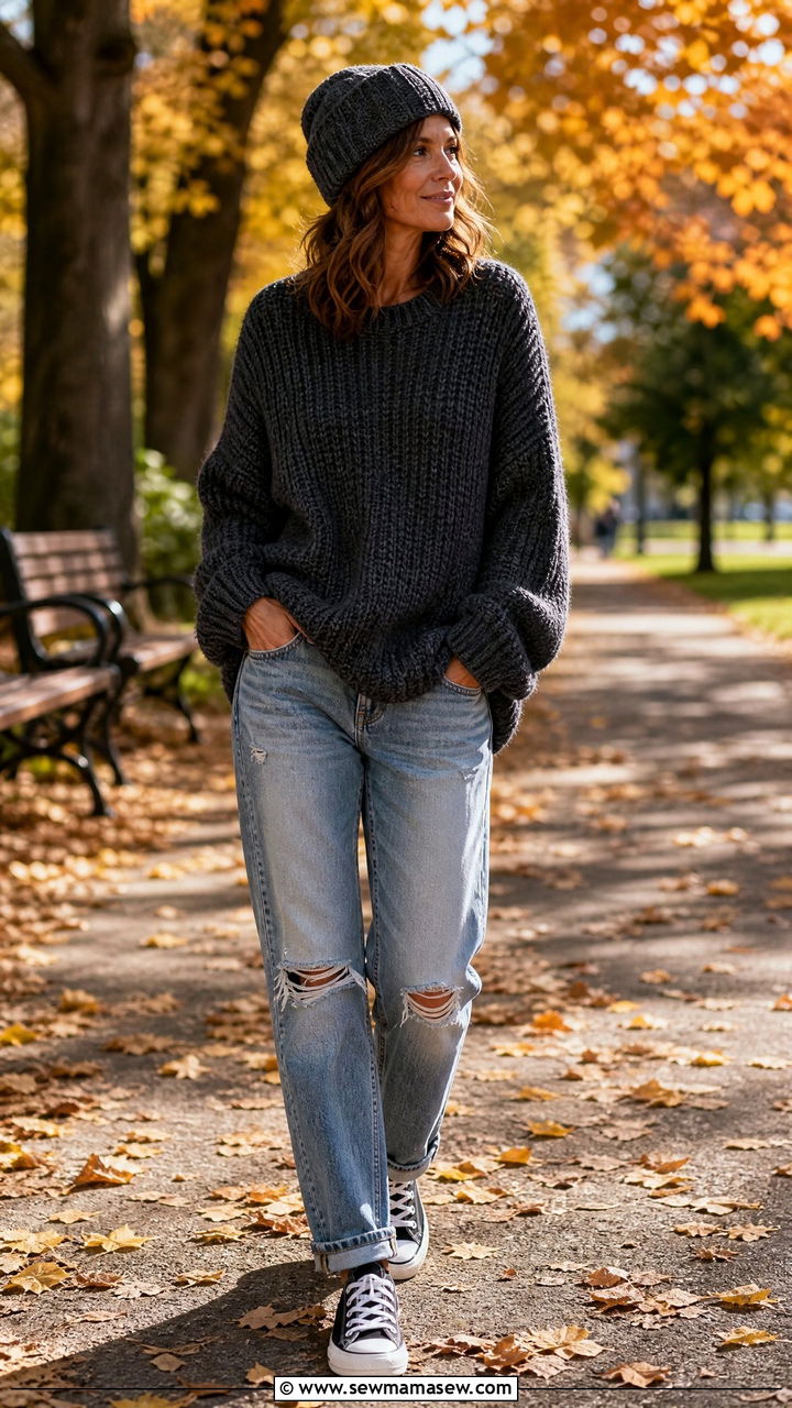 Oversized Chunky Knit Sweater with Distressed Denim and Retro Sneakers - 25 grunge outfit ideas for women over 40