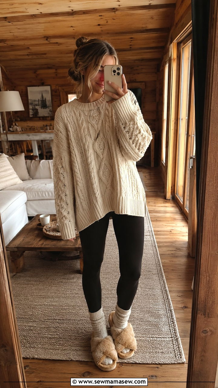 Oversized Chunky Knit Sweater with Fleece Lined Leggings and Fuzzy Slippers - 30 Spring cabin weekend outfits