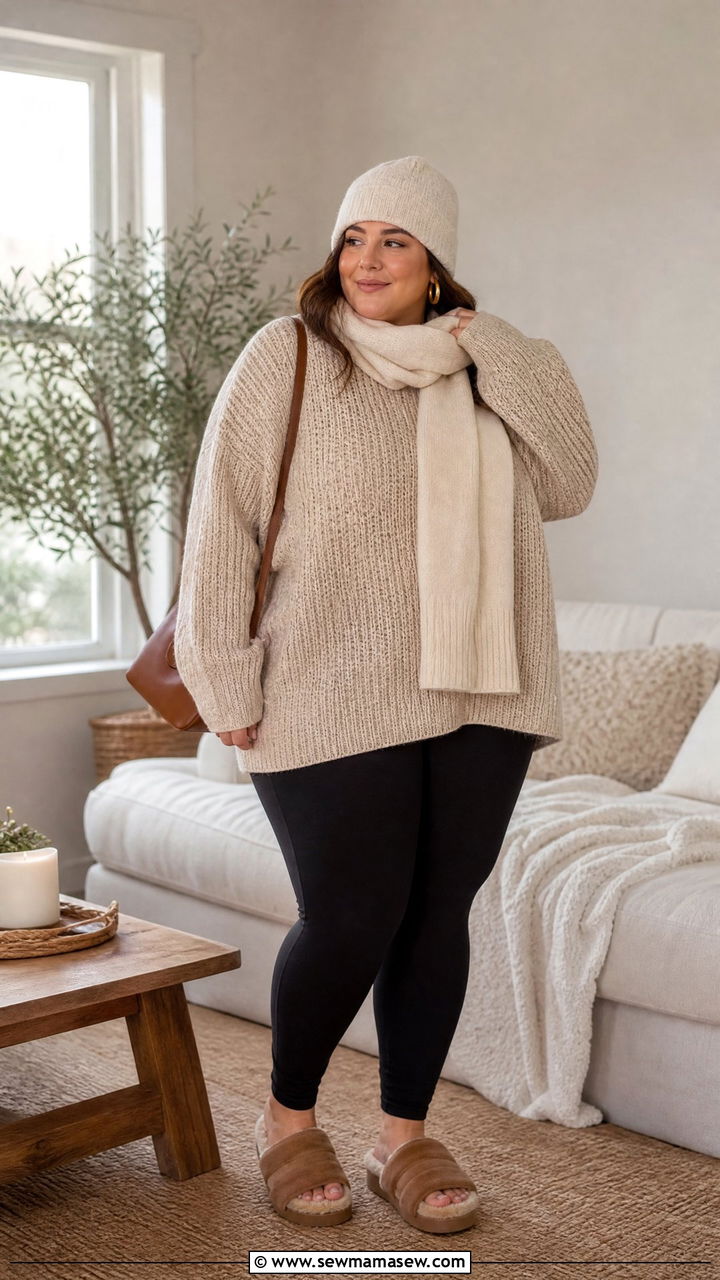 Oversized Chunky Knit and Leggings Cozy Look - 30 Clean girl outfits plus size