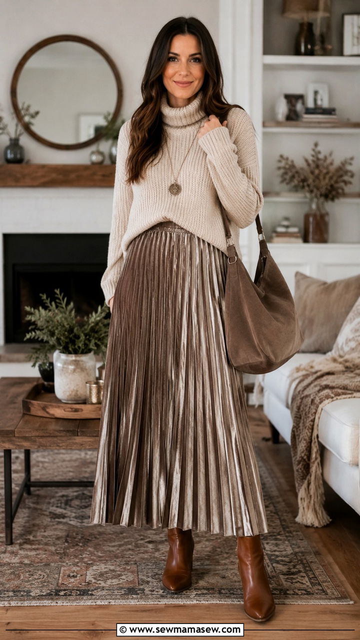 Oversized Chunky Sweater With Pleated Maxi Skirt - 30 Modest outfit ideas boho