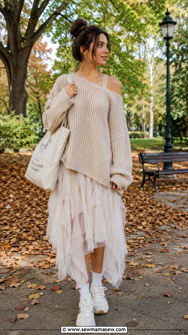 Oversized Chunky Sweater With Tulle Skirt - 30 casual fairycore outfits