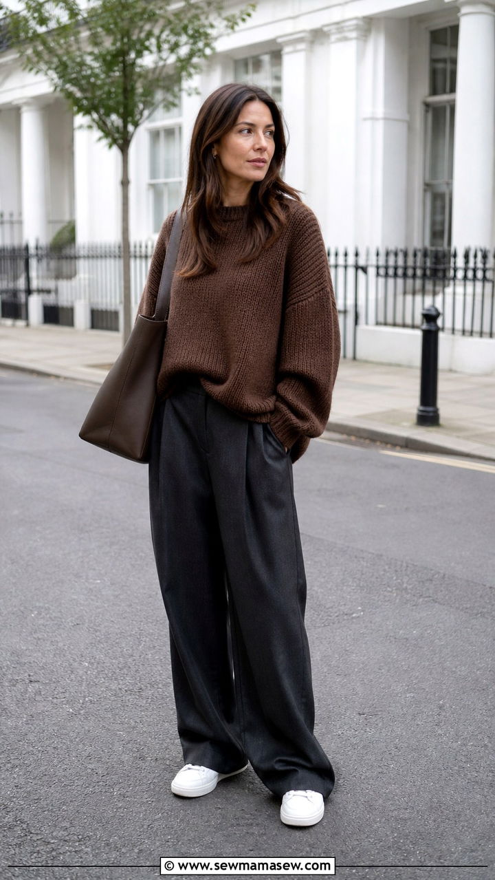 Oversized Cocoa Sweater And Wide Charcoal Trousers With Sneakers - 40 spring outfits for moms