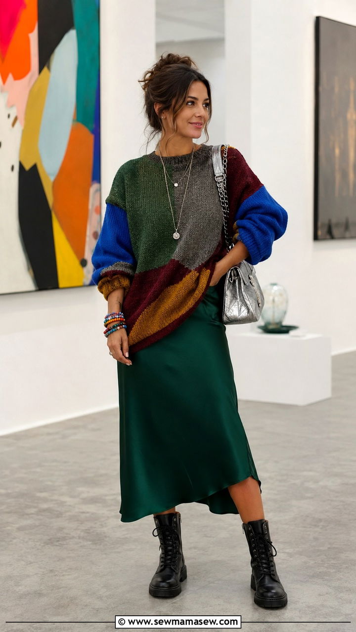 Oversized Colorblock Sweater With Satin Midi Skirt And Combat Boots - 30 casual maximalist outfits