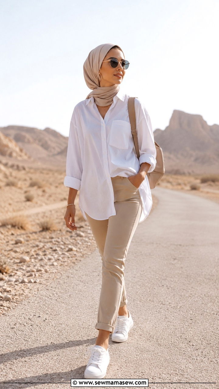 Oversized Cotton Shirt With Stretch Trousers - 25 Modest outfit ideas for desert trip