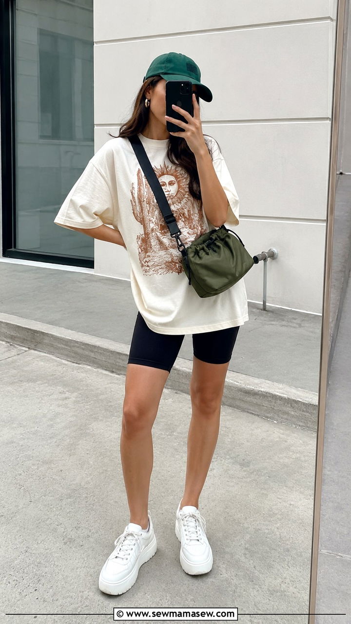 Oversized Cotton Tee with Biker Shorts and Chunky Sneakers - 20 Spring outfits for 90 degree weather
