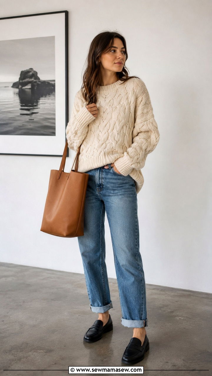 Oversized Cream Knit Sweater With Straight Leg Jeans and Loafers - 20 Photography exhibit outfit ideas