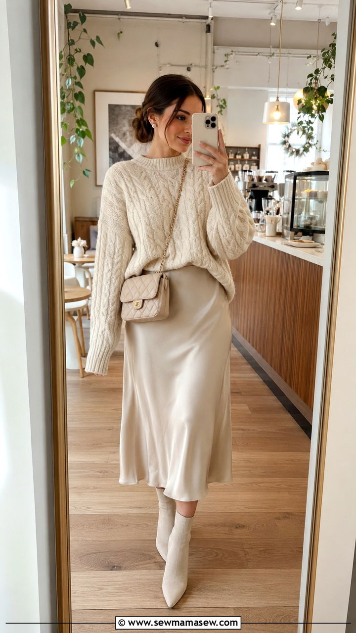 Oversized Cream Knit Sweater and Satin Midi Skirt - 30 Modest outfit ideas clean girl