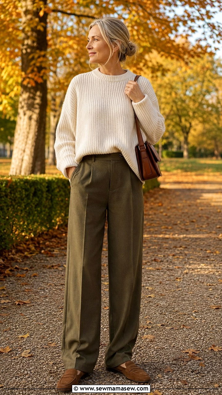 Oversized Cream Knit with Olive Tailored Trousers - 30 scandinavian outfit ideas for women over 40