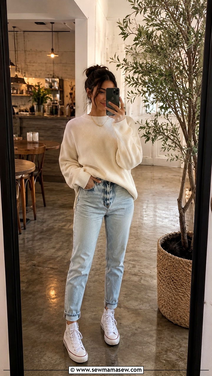 Oversized Cream Sweater With Light Wash Tapered Jeans - 25 Petite clean girl outfit ideas