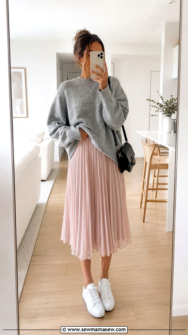 Oversized Crewneck Sweater With Pleated Midi Skirt - 30 Pleated skirt outfit ideas with a sweater