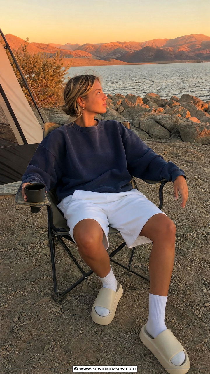 Oversized Crewneck Sweatshirt With White Bermuda Shorts Camping Outfit - 30 Summer camping trip outfits