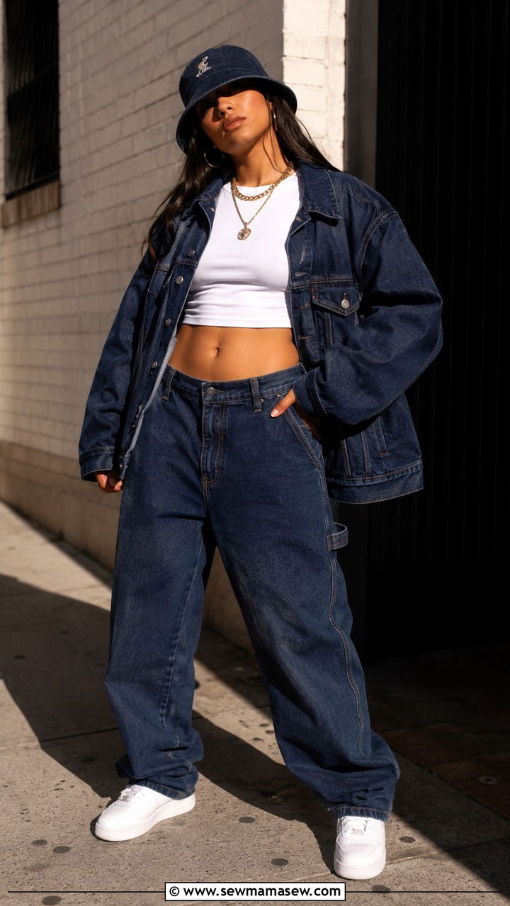 Oversized Denim Jacket And Baggy Pants Outfit - 25 90s outfits inspo