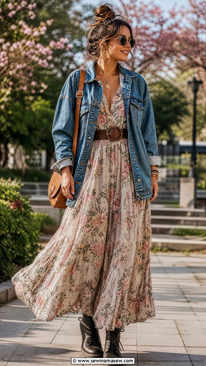 Oversized Denim Jacket Over Floral Maxi Dress - 25 maximalist outfits to copy
