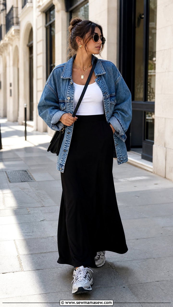 Oversized Denim Jacket With A Maxi Skirt And Sneakers - 30 streetwear outfits ideas