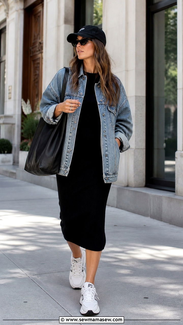 Oversized Denim Jacket With A Midi Dress And Sneakers - 40 denim jacket outfit ideas