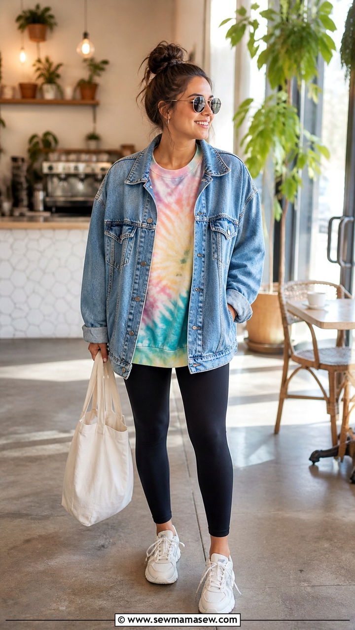 Oversized Denim Jacket With A Tie Dye Sweatshirt And Leggings - 40 denim jacket outfit ideas