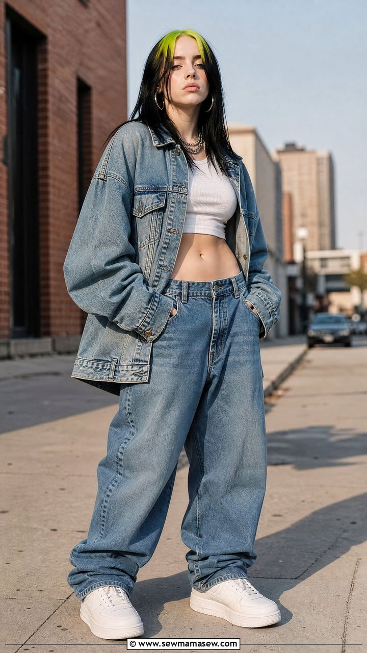 Oversized Denim Jacket With Baggy Jeans And Crop Top - 35 Billie Eilish concert outfit ideas
