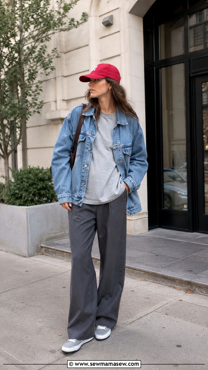 Oversized Denim Jacket With Gray Wide Leg Pants - 30 spring midsize outfit ideas