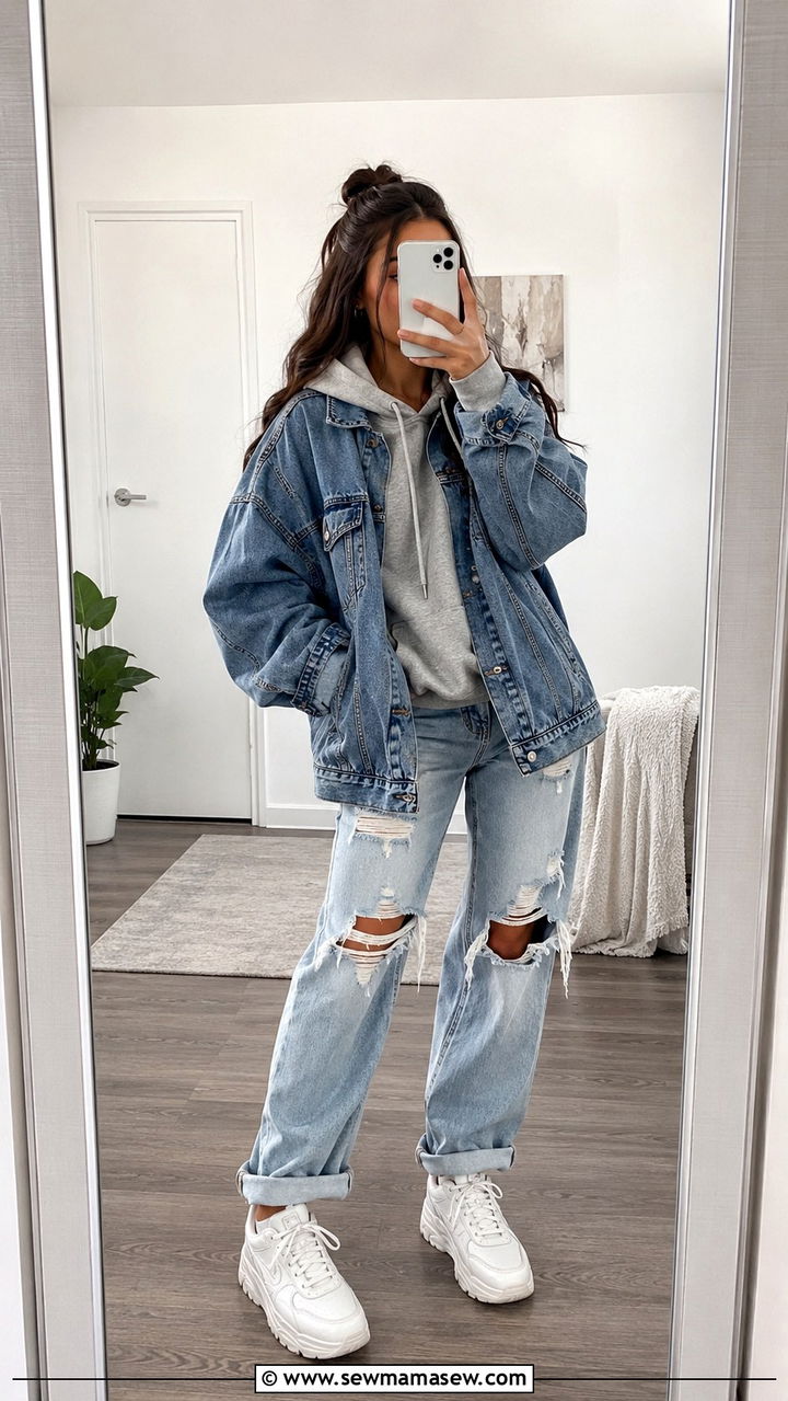 Oversized Denim Jacket With Hoodie And Ripped Jeans - 30 Denim jacket and jeans outfit ideas