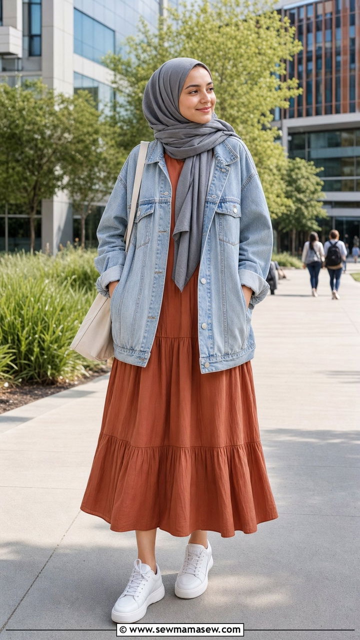 Oversized Denim Jacket With Midi Dress Outfit - 25 spring outfits for hijab women