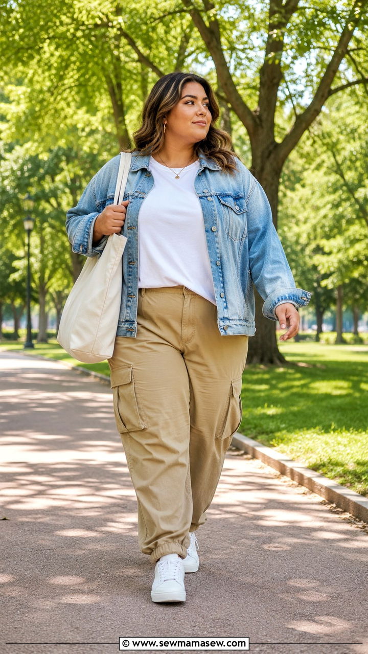 Oversized Denim Jacket With a White Tee Khaki Cargo Pants and White Sneakers - 30 Plus size outfit ideas with cargo pants