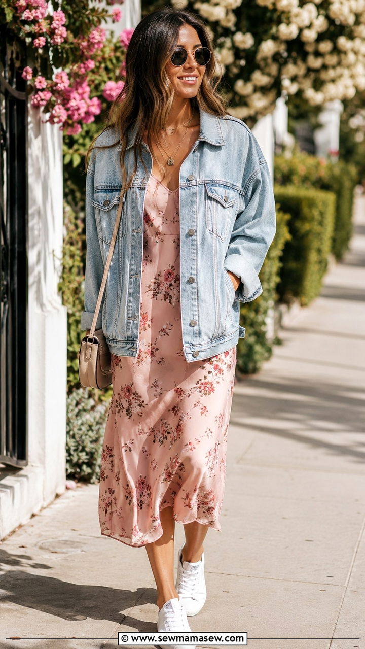 Oversized Denim Jacket and Floral Slip Dress - 30 casual 90s outfits
