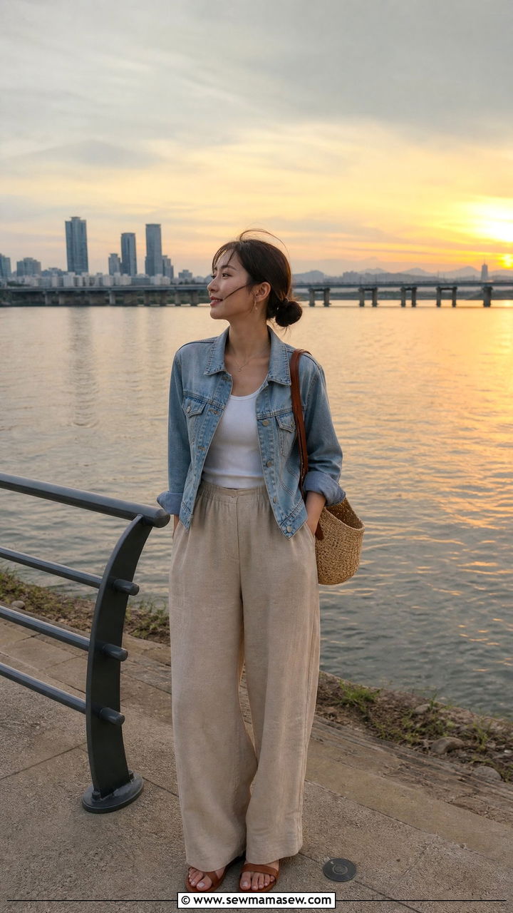Oversized Denim Jacket and Linen Pant Outfit - 40 What to wear in Seoul