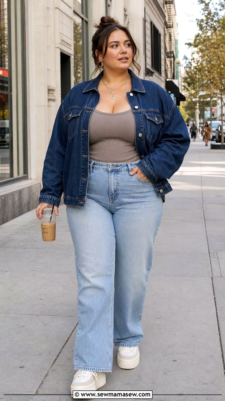 Oversized Denim Jacket and Straight Leg Jeans - 25 Double denim outfit ideas plus size