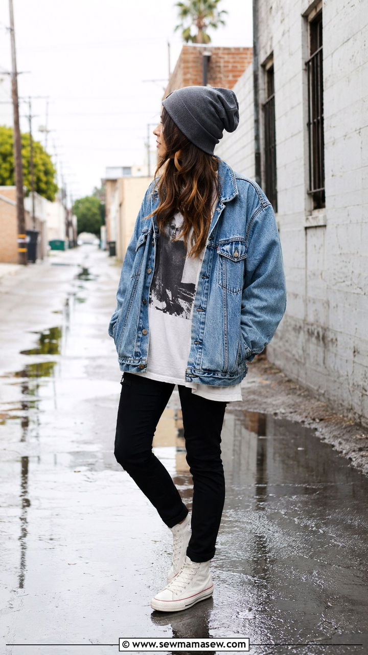 Oversized Denim Jacket with High Top Sneakers - 20 rainy day outfits 2026