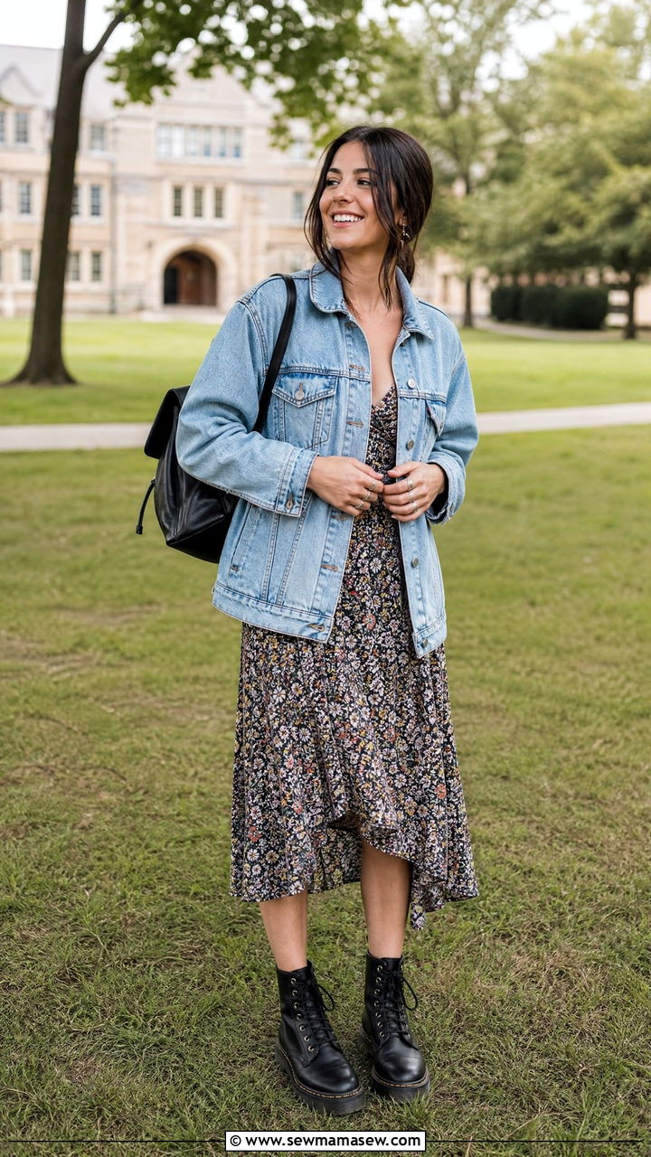 Oversized Denim Jacket with Midi Dress and Combat Boots - 30 College campus outfit ideas 2026