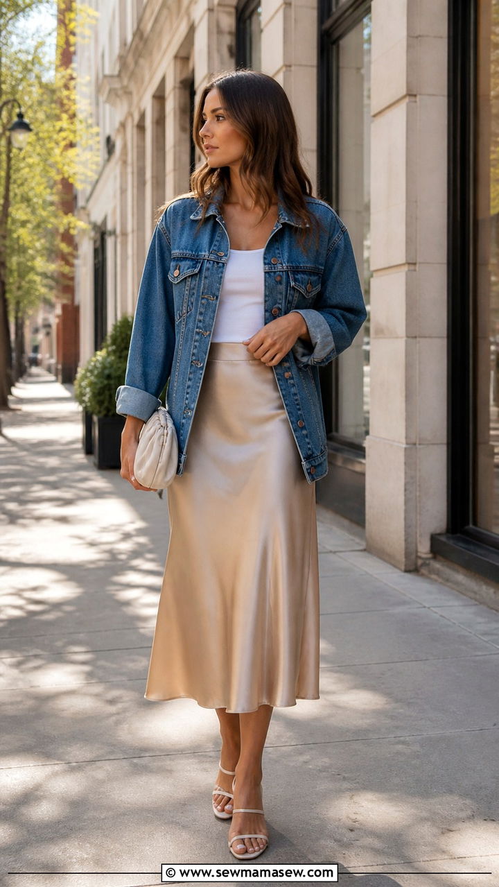 Oversized Denim Jacket with Satin Midi Skirt - 40 casual jacket outfits