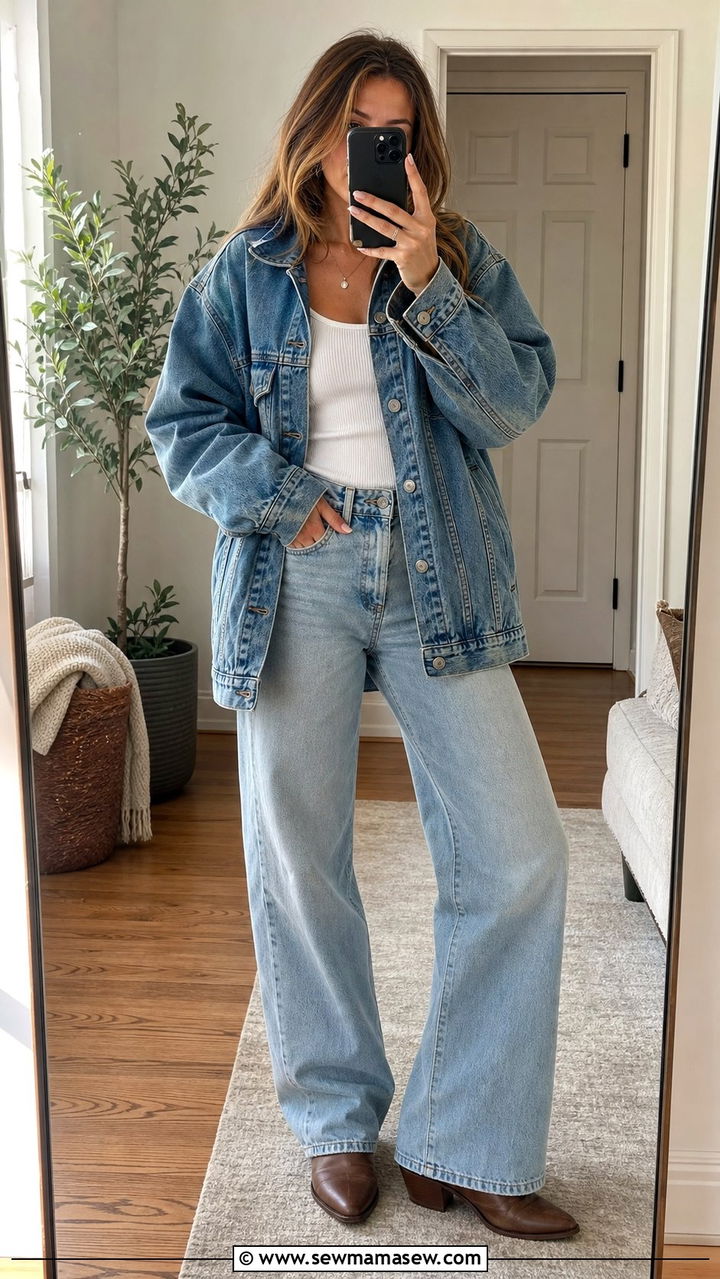 Oversized Denim Jacket with Wide Leg Jeans and Western Boots - 25 spring model off duty outfit ideas