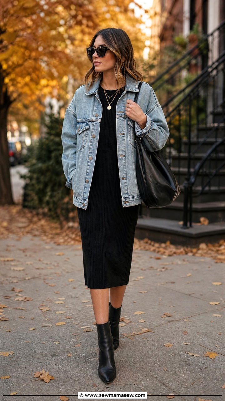 Oversized Denim Jacket with a Knit Midi Dress and Ankle Boots - 35 jacket outfits ideas