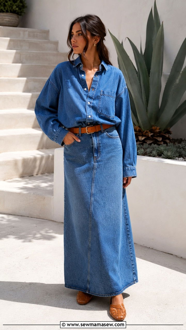 Oversized Denim Shirt With A Denim Maxi Skirt - 30 Modest outfit ideas with oversized shirt