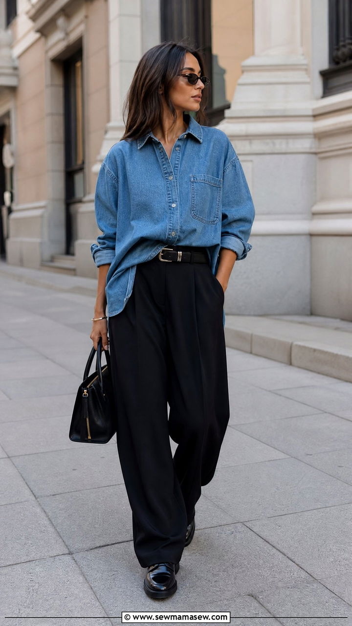 Oversized Denim Shirt With Black Wide Leg Trousers - 30 Modest outfit ideas with oversized shirt
