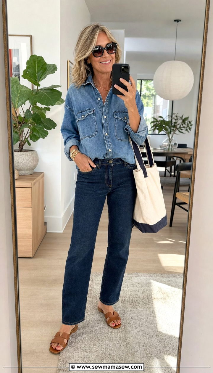 Oversized Denim Shirt with Straight Leg Jeans - 25 Double denim outfit ideas over 40