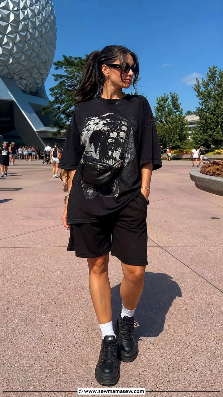 Oversized Disney Tee With Biker Shorts And Chunky Sneakers - 40 Disney trip outfit ideas